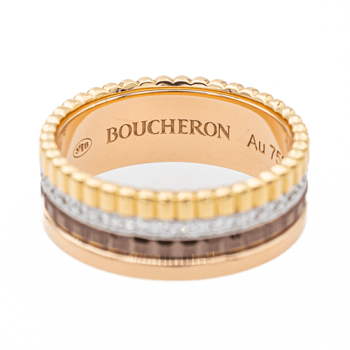 Bague 49 Boucheron Quatre - Bague petit modèle en or jaune, blanc et rose avec diamants 58 Facettes 3121528CN