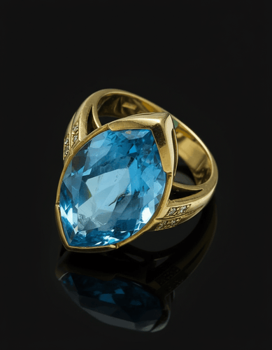Bague 53 Bague - Topaze bleue taille marquise et diamants en or jaune 18 carats 58 Facettes