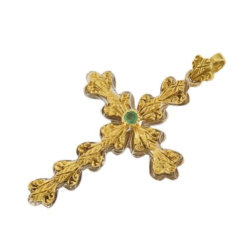 Pendentif Pendentif croix vintage en or jaune et blanc 18 carats avec émeraude 58 Facettes 33474