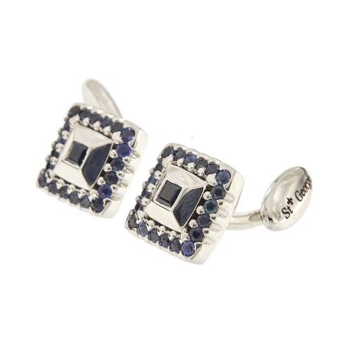Boutons de manchette San Giorgio - Boutons de manchette carrés en or blanc 18 carats et saphirs 58 Facettes 36483