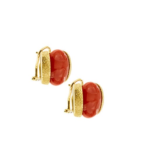 Boucles d'oreilles Boucles d’oreilles puces - Corail rouge cabochon en or jaune 18 ct 58 Facettes 36791
