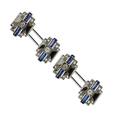 Boutons de manchette Gemelli Art déco en or blanc 18 ct avec saphirs et diamants 58 Facettes 39260