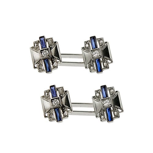 Boutons de manchette Gemelli Art déco en or blanc 18 ct avec saphirs et diamants 58 Facettes 39260