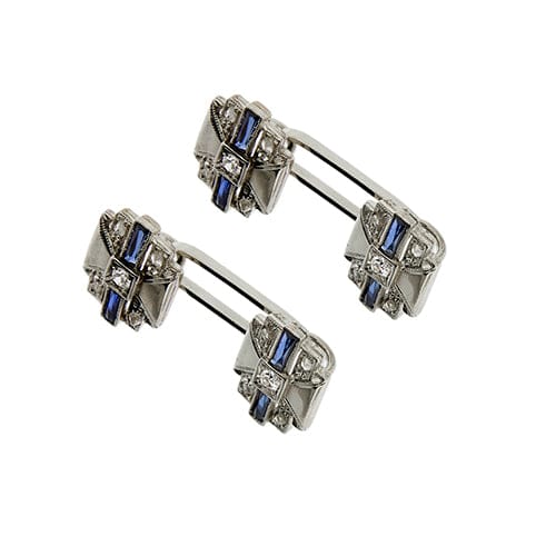Boutons de manchette Gemelli Art déco en or blanc 18 ct avec saphirs et diamants 58 Facettes 39260
