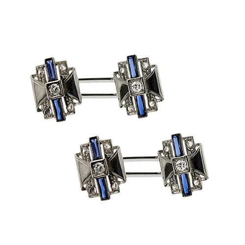 Boutons de manchette Gemelli Art déco en or blanc 18 ct avec saphirs et diamants 58 Facettes 39260