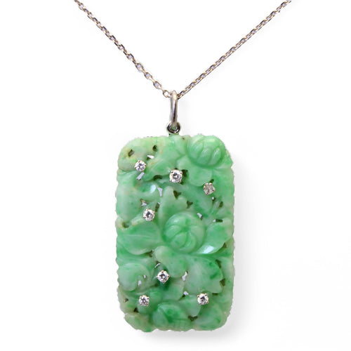 Pendentif Pendentif Art Déco en or blanc et jade sculpté, diamants 58 Facettes