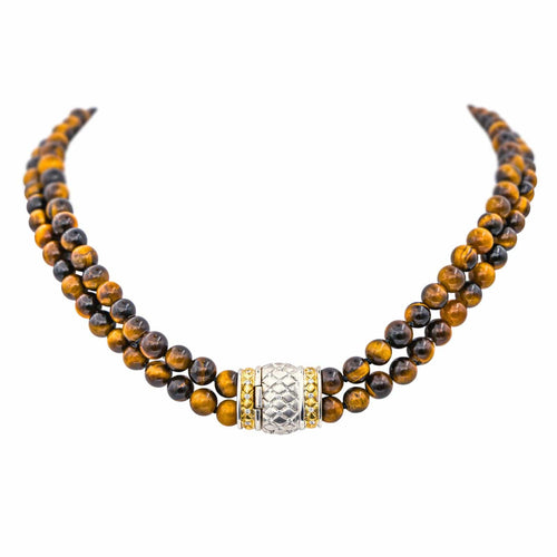 Collier Collier choker en or jaune et blanc 18 carats, œil-de-tigre et diamants 58 Facettes 4615473CN