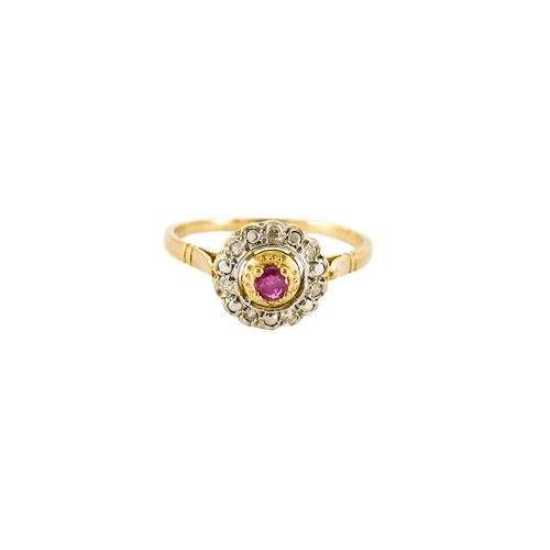 Bague 53 Bague marguerite ancienne rubis diamants en or jaune 58 Facettes