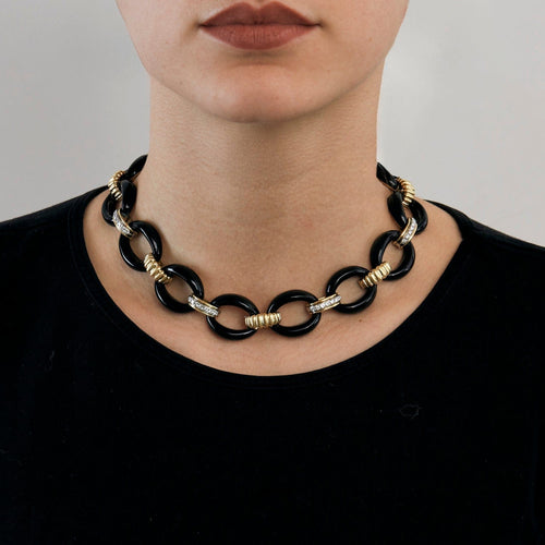 Collier Collier vintage en or jaune 18k, onyx et diamants 58 Facettes BO/230055