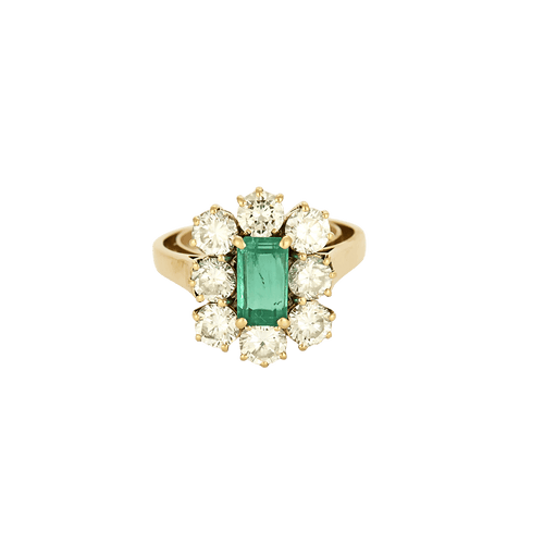 Bague 54 Bague marguerite en or jaune 18 carats et émeraude, diamants 58 Facettes BO/250003/