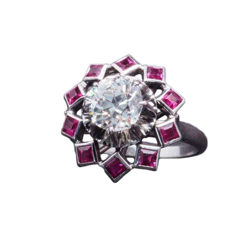 Bague 51 Bague rétro en or blanc 18 carats, diamant 1 ct et rubis synthétiques 58 Facettes 16206