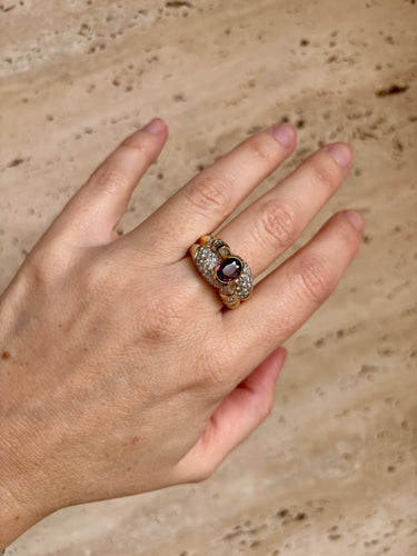 Bague 60 Bague cocktail rubis et diamants en or jaune et blanc 18 carats 58 Facettes