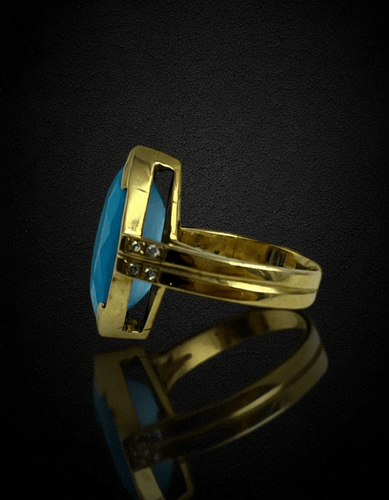Bague 53 Bague - Topaze bleue taille marquise et diamants en or jaune 18 carats 58 Facettes