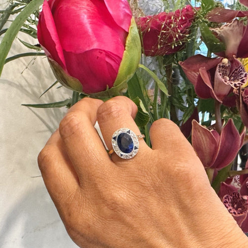 Bague 56 Bague grappe - Platine et or jaune 18 carats saphir Verneuil et diamants 58 Facettes 8D002BD48192446EA6F6A06BFF10CE00