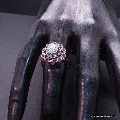 Bague 51 Bague rétro en or blanc 18 carats, diamant 1 ct et rubis synthétiques 58 Facettes 16206