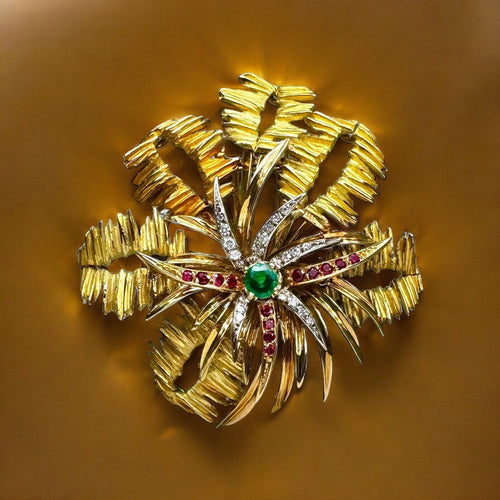 Broche Mellerio - Broche en or jaune 18k et émeraudes, rubis, diamants 58 Facettes