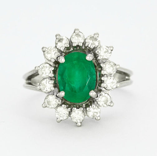 Bague 46 Bague marguerite or blanc, émeraude et diamants 58 Facettes DV0629-2
