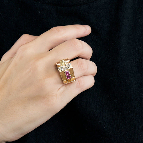 Bague 53 Bague Tank en or de trois couleurs, rubis de synthèse et diamants 58 Facettes DV0013-23-53-2