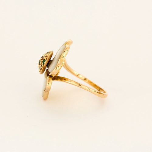 Bague 56 Bague trèfle en or jaune avec nacre, diamants et émeraudes 58 Facettes DV0751-13-56