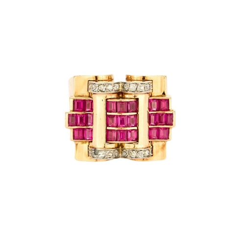 Bague 51 Bague Tank en or jaune, diamants et rubis de synthèse. 58 Facettes DV12390-2-51-2