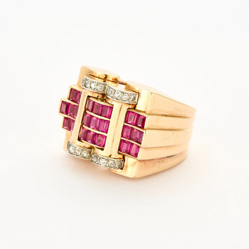 Bague 51 Bague Tank en or jaune, diamants et rubis de synthèse. 58 Facettes DV12390-2-51-2