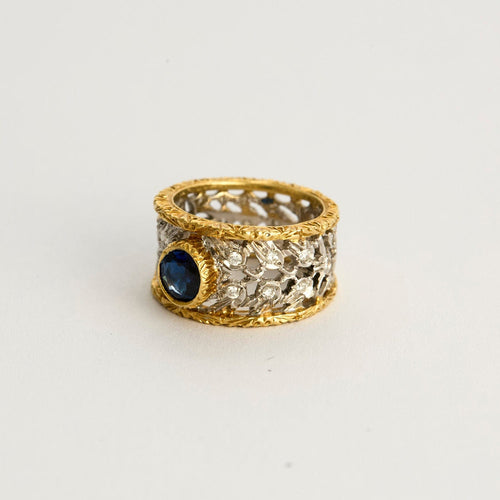 Bague 45.5 BUCCELLATI - Bague bandeau ciselée et ajourée à motif de dentelle en or jaune, blanc, diamants et saphir 58 Facettes DV4479-3-455-2