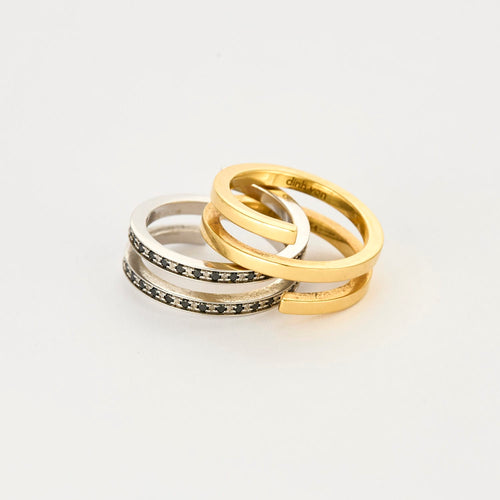 DINH VAN - Duo Spirale - Bague or jaune, or gris et diamants noirs