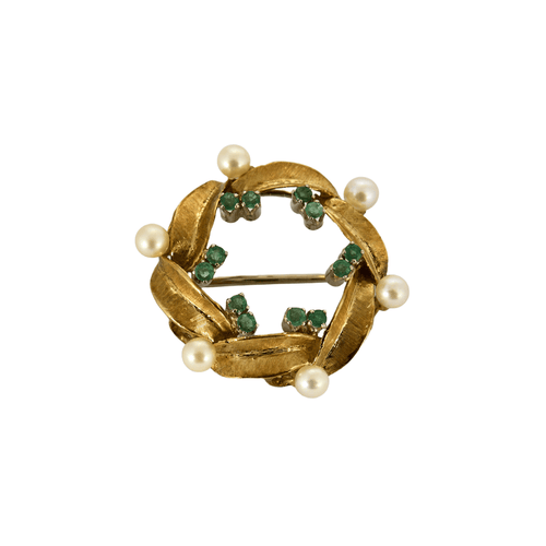 Broche Broche couronne feuillagée or jaune, perles et émeraudes 58 Facettes DV14293-2