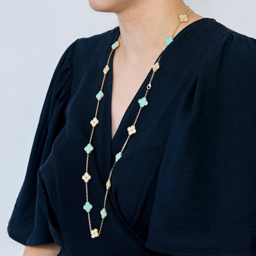 Collier VAN CLEEF & ARPELS - Rare sautoir Vintage Alhambra en or jaune, turquoise et diamants 58 Facettes DV0830-24