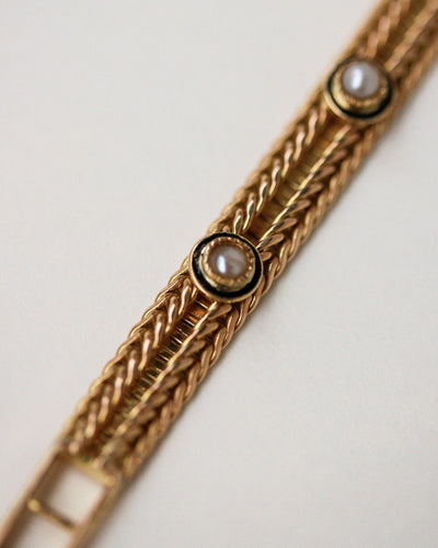 Bracelet Bracelet Napoléon III motif ovale en or jaune et pierre de lune, perles fines 58 Facettes A11948