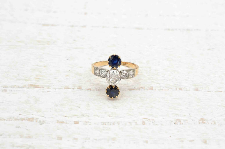 Bague 53 Bague 1900 en or jaune 18k et platine avec diamants et saphirs 58 Facettes 23604
