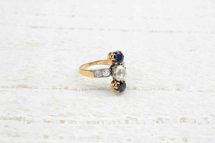 Bague 53 Bague 1900 en or jaune 18k et platine avec diamants et saphirs 58 Facettes 23604