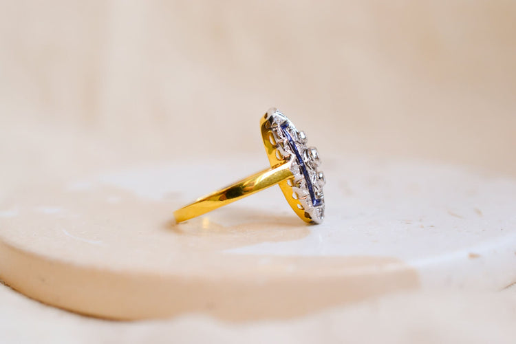 Bague 51.5 Bague Navette Art Déco en or jaune et or blanc 14k saphirs, diamants 58 Facettes Ref3062