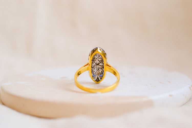 Bague 51.5 Bague Navette Art Déco en or jaune et or blanc 14k saphirs, diamants 58 Facettes Ref3062