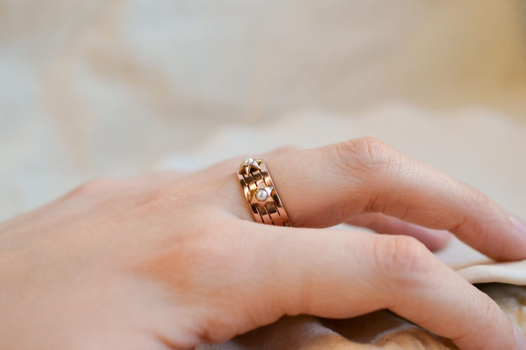 Bague 52 Bague bandeau rainurée Perles étoilées en or rose 18 carats 58 Facettes Ref3140