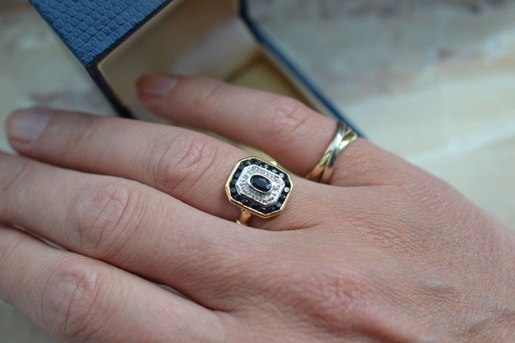 Bague 53 Bague octogonale en or jaune et blanc 18k, saphir et diamants 58 Facettes 2835
