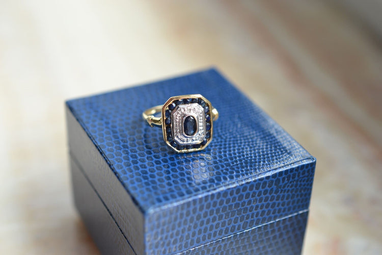 Bague 53 Bague octogonale en or jaune et blanc 18k, saphir et diamants 58 Facettes 2835