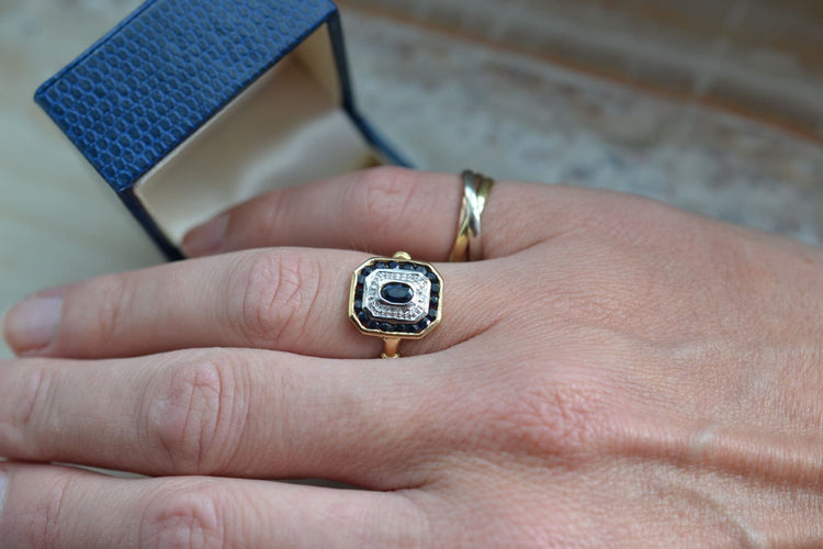 Bague 53 Bague octogonale en or jaune et blanc 18k, saphir et diamants 58 Facettes 2835