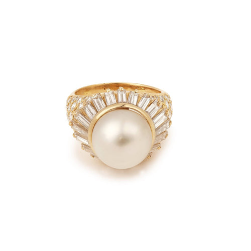 Bague 56 Bague cocktail dôme vintage en or jaune 18 carats, perle et diamants 58 Facettes B373