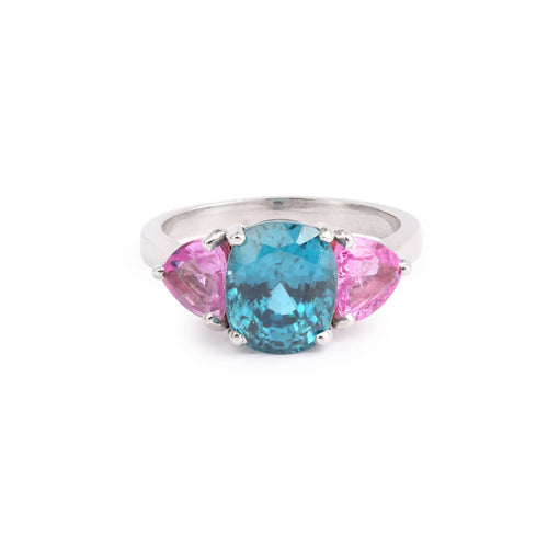 Bague 53 Bague trilogie en or gris 18k avec pierre bleue et saphirs roses 58 Facettes B385
