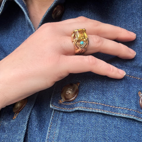 Bague 53 Bague cocktail en or jaune 18k, citrine et turquoises 58 Facettes