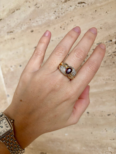 Bague 60 Bague cocktail rubis et diamants en or jaune et blanc 18 carats 58 Facettes