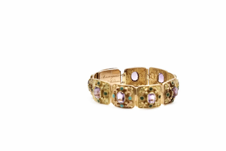 Bracelet Bracelet ancien en or jaune 18K améthystes et turquoises 58 Facettes REF2224-24