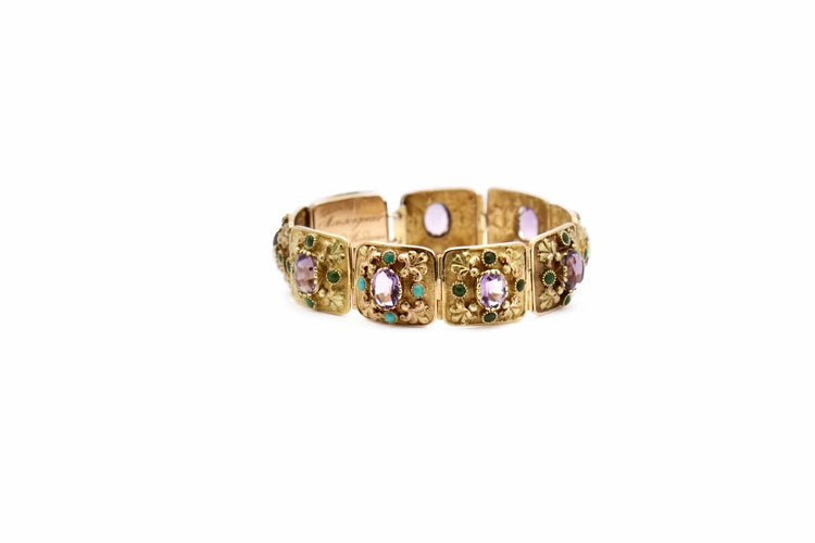 Bracelet Bracelet ancien en or jaune 18K améthystes et turquoises 58 Facettes REF2224-24