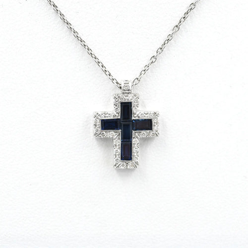 Collier Collier - Croix en or blanc avec saphirs et diamants 58 Facettes 14478
