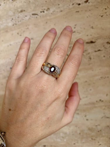 Bague 60 Bague cocktail rubis et diamants en or jaune et blanc 18 carats 58 Facettes
