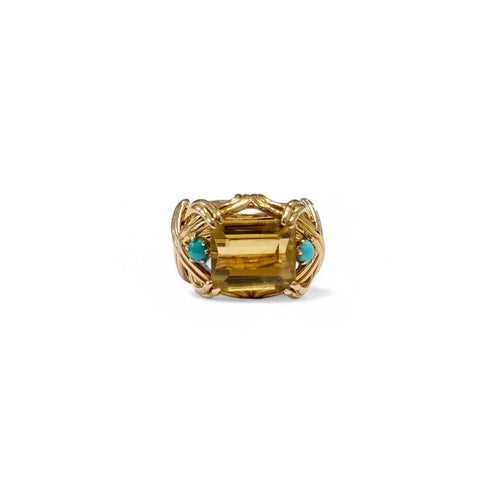 Bague 53 Bague cocktail en or jaune 18k, citrine et turquoises 58 Facettes