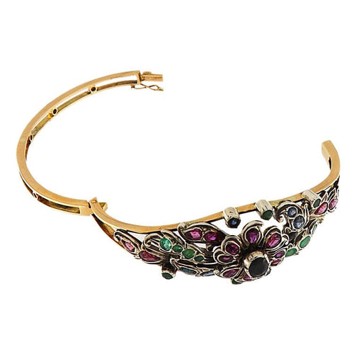 Bracelet Bracelet jonc style ancien en or rose et argent avec rubis, saphirs et émeraudes 58 Facettes G3815