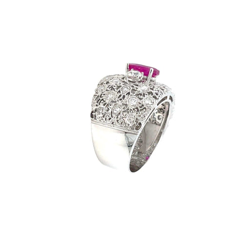 Bague 50 Style Mario Buccellati - Bague vintage gravée en or blanc 18k rubis birman et diamants 58 Facettes