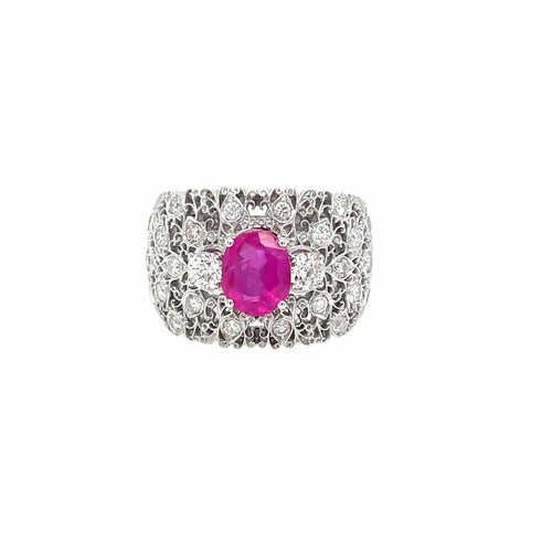 Bague 50 Style Mario Buccellati - Bague vintage gravée en or blanc 18k rubis birman et diamants 58 Facettes